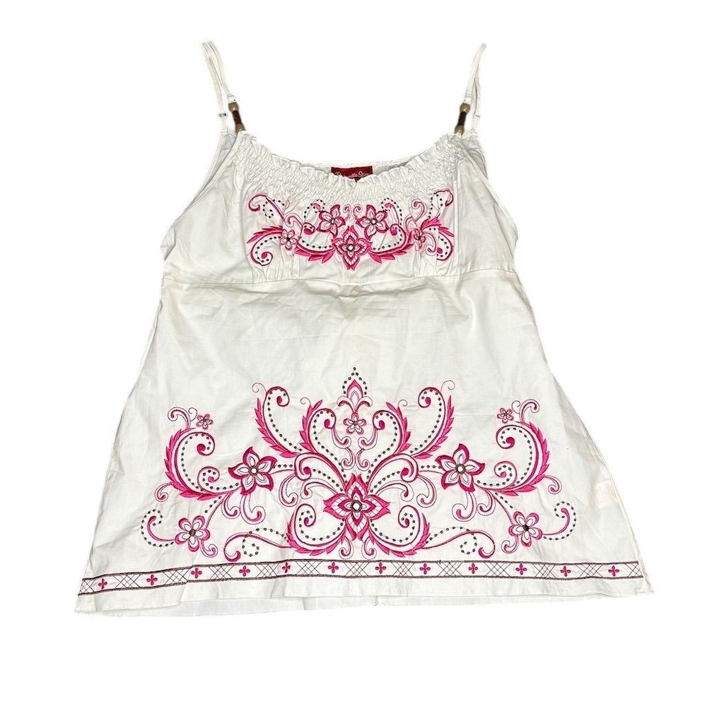 Panhandle Slim Women's L White Tank Top Pink Embroidery Boho Casual